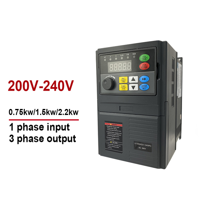 អថេរប្រេកង់អថេរ VFD និងបម្លែងទំហំ 220V 0,7kW 1.2kW 2.2kW បញ្ចូល 1 ដំណាក់កាលដើម្បីចេញ 3 ដំណាក់កាល